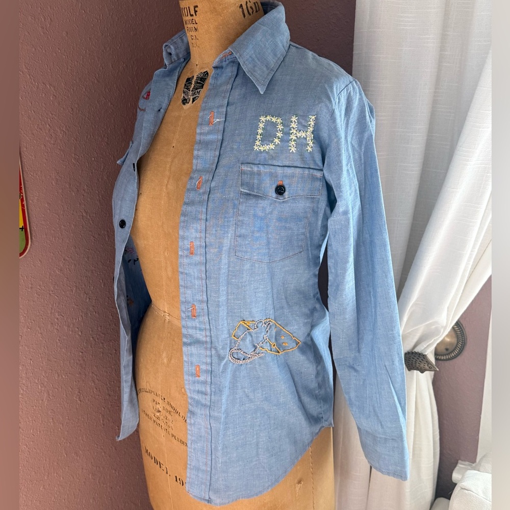Vintage Hand Embroidered Button-Up Shirt, XS